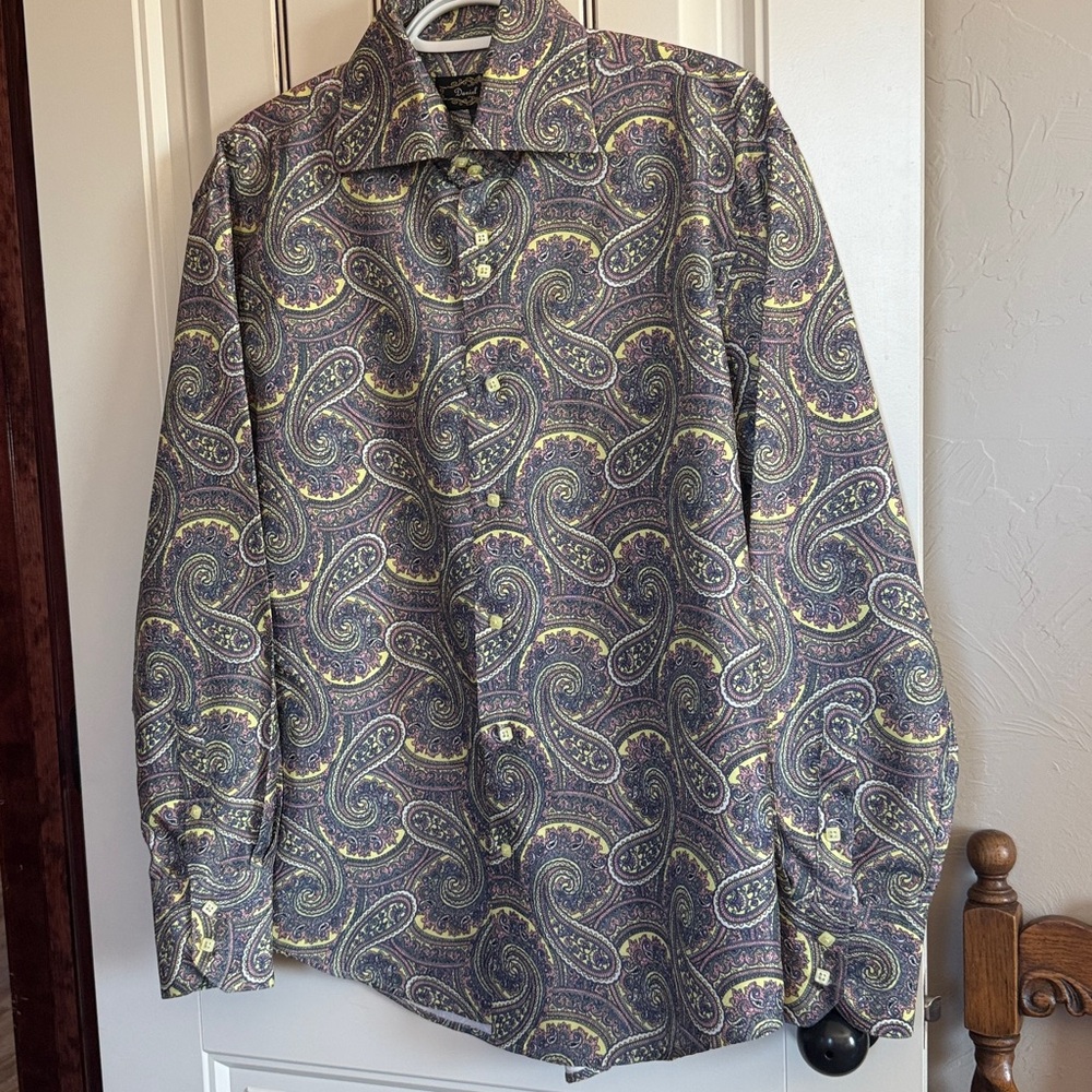 Daniel Elissa Paisley Gray, Yellow,& Pink Men's Shirt, 100%Polyester Microfiber.